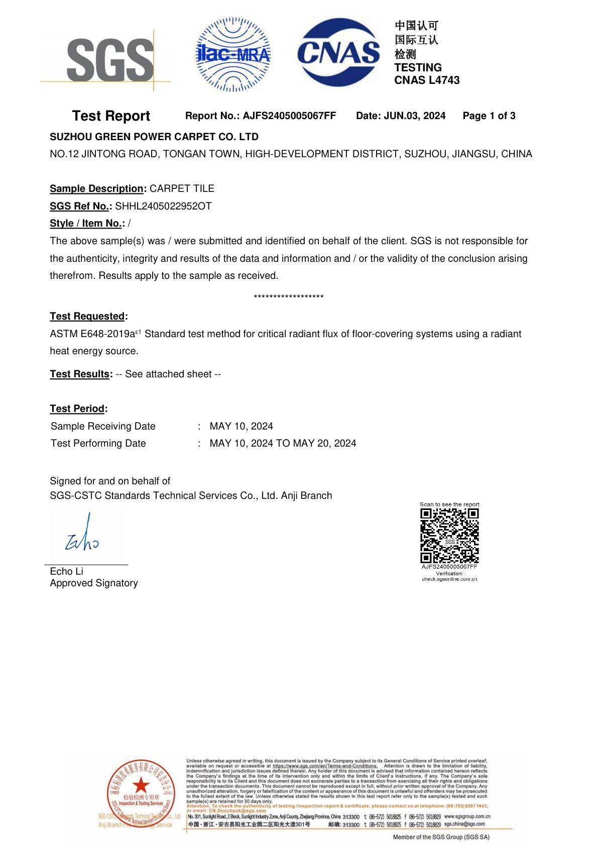 SGS Test Report — E648 — Radiant Heat Source Monitoring — AJFS2405005067FF