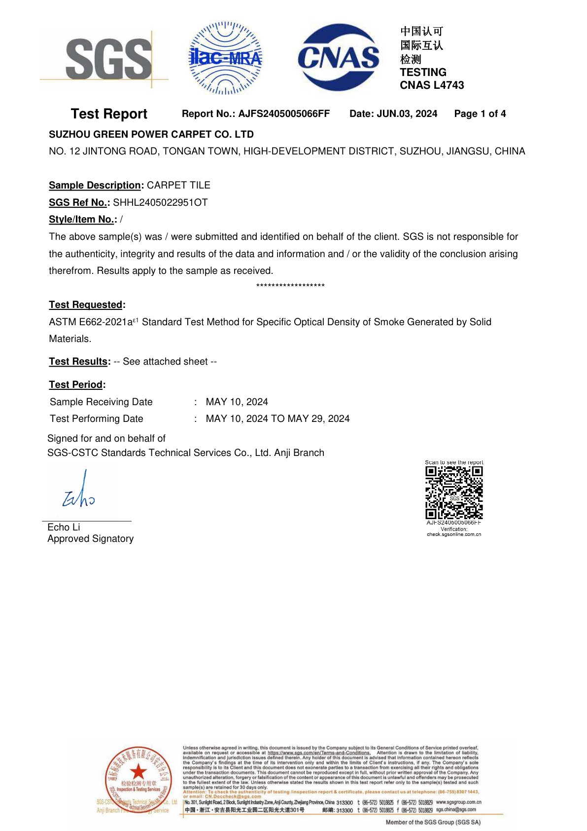 SGS Test Report — E662 — Smoke Density — AJFS2405005066FF